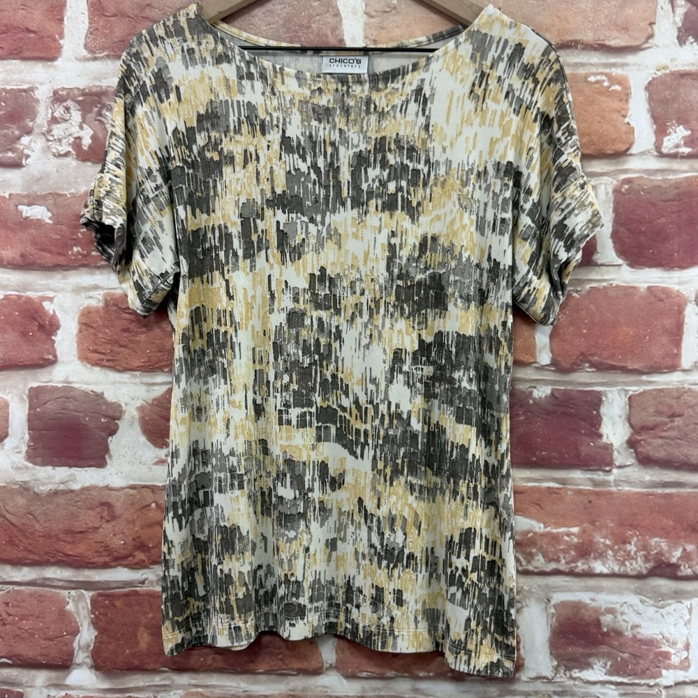 Chicos Travelers Top Women's M Multicolor Abstract Slinky Casual Career Shirt